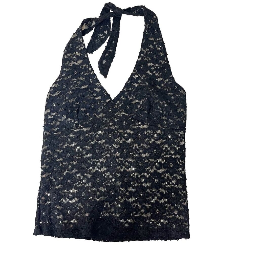 Vintage Y2K 90s Black Lace Sparkle Halter Top Joule - Size Medium